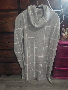Cozy Gray Windowpane Cowl-Neck Sweater Dress